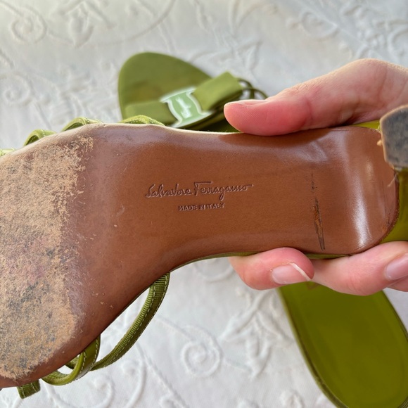 Green Claretta Leather Kitten Heel Sandals by Salvatore Ferragamo Size 9 - Picture 12 of 14